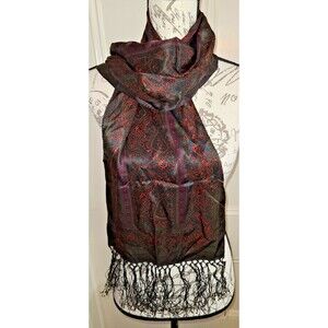 Vtg Lauren Ralph Lauren brown green red purple paisley silk scarf w fringe